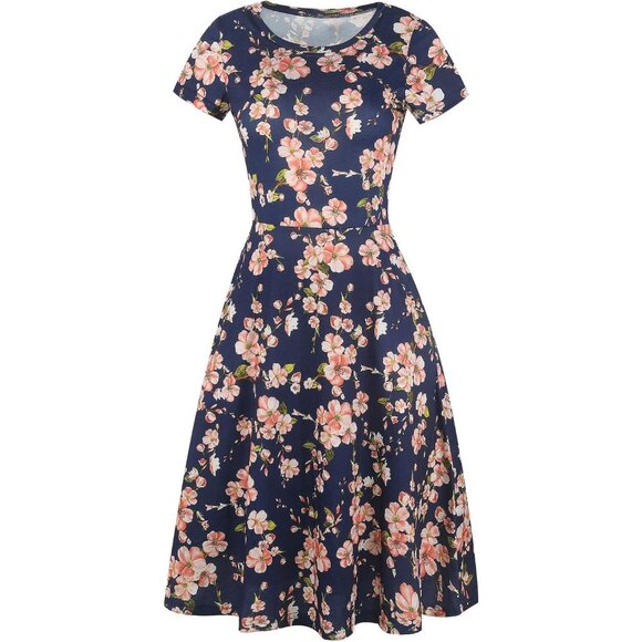 Women's Navy Elegant Knee Length Vintage A-Line Swing Dress with Pockets - Picture 4 of 6